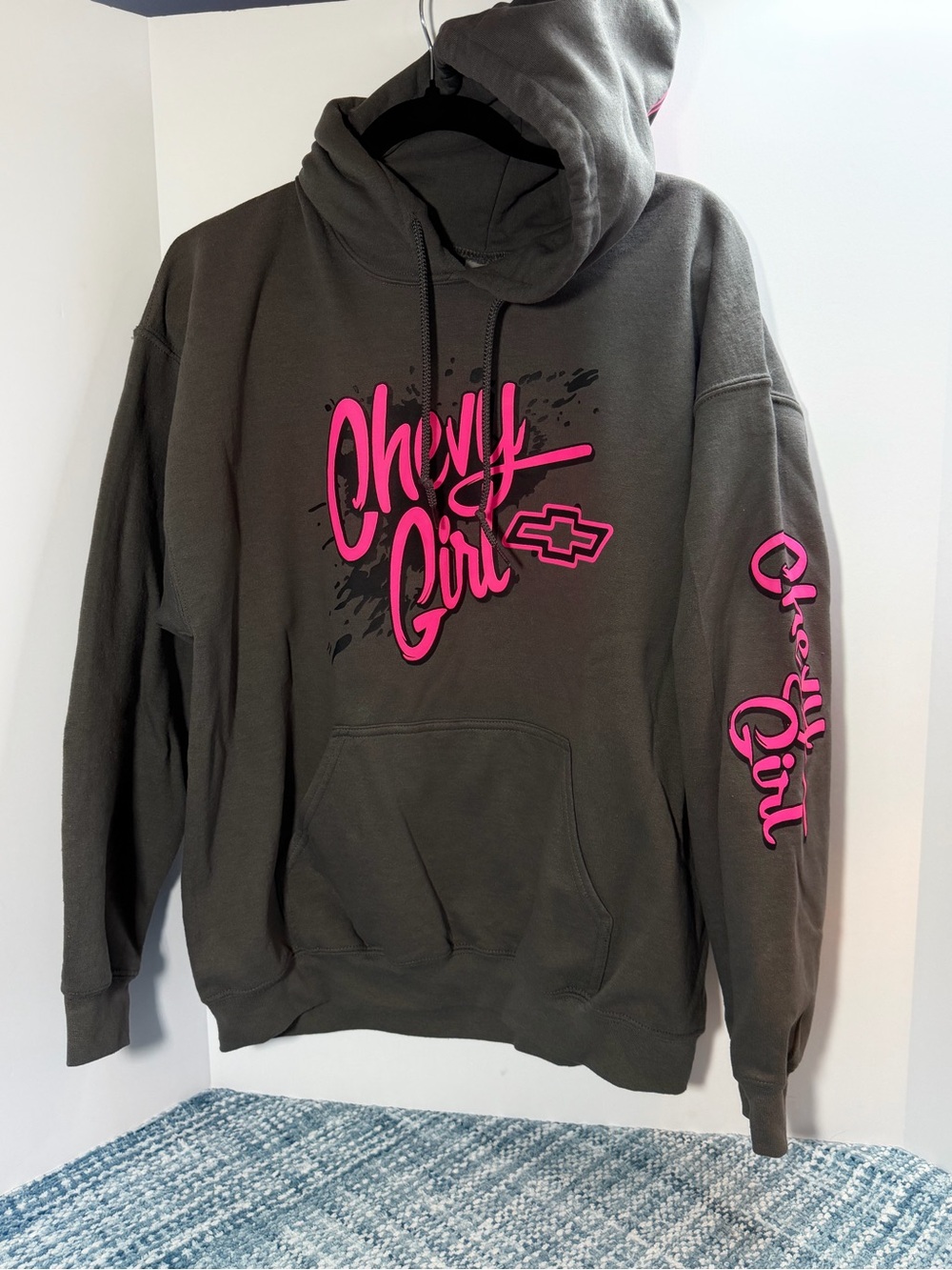 Gildan Women's Large Crewneck Hoodie - Gray with Hot Pink Script